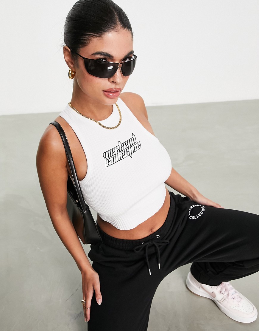 ASOS Weekend Collective racer tank top with futuristic logo in white - part of a set
