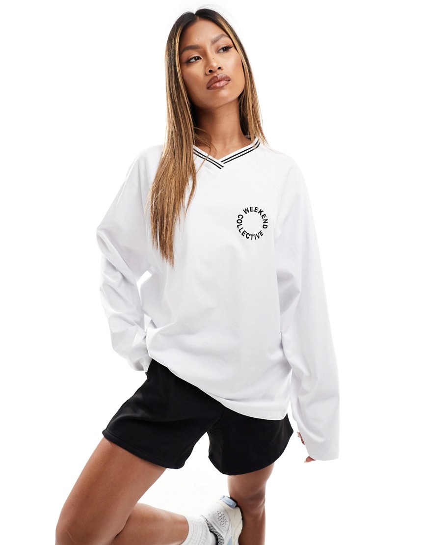 Asos Weekend Collective Retro Tipped Long Sleeve T-shirt In White