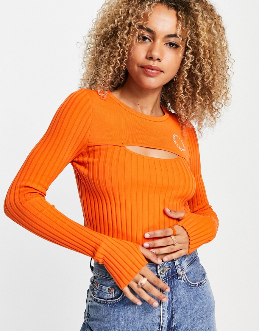 ASOS Weekend Collective rib sweater with cut out detail in orange