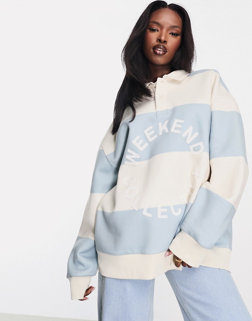 Asos Weekend Collective Rugby Sweatshirt In Blue And Cream Stripe-multi