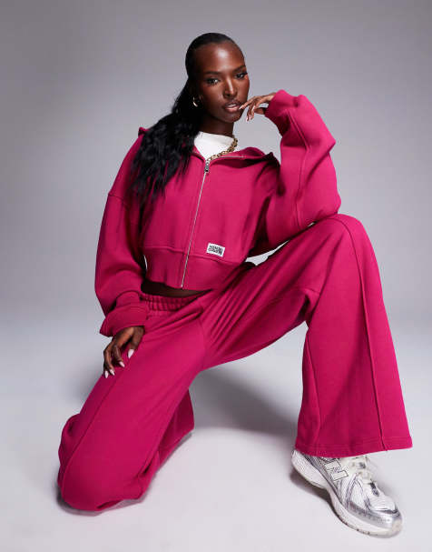 ASOS – Weekend Collective – Schwere Kapuzenjacke in Burgunderrosa mit gewebtem Logo-Etikett und Reißverschluss, Kombiteil - view 1