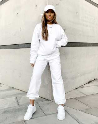 white sweatshirt and sweatpants set