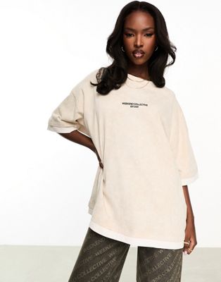 Asos Weekend Collective Short Sleeve Double Layer T-shirt With Stacked Logo In Washed Sand-neutral