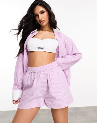 Asos Weekend Collective Shorts With Woven Label In Pink And White Stripe - Part Of A Set-multi