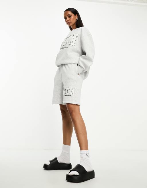 ASOS Weekend Collective sweat shorts with varsity logo in ice heather