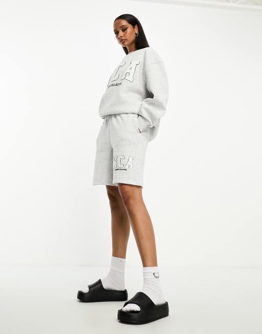 ASOS Weekend Collective sweat shorts with varsity logo in ice marl