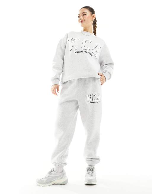 ASOS Weekend Collective sweatpants and sweatshirt with varsity logo in gray heather