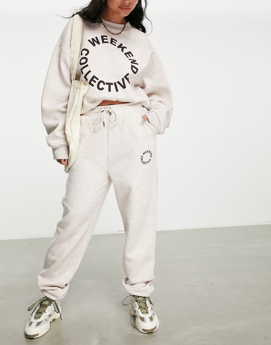 ASOS Weekend Collective sweatpants with round logo in oatmeal - part of a set - STONE-Neutral