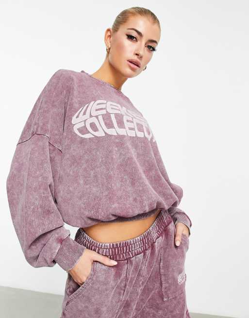 ASOS Weekend Collective - Sweatshirt i forvasket lilla med firkantet pasform og rullet kant
