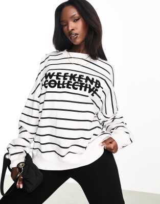 ASOS - Weekend Collective - Sweatshirt mit Streifen und Chenille-Logo-Bunt