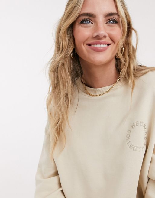 ASOS Weekend Collective sweatshirt with embroidered logo in stone | ASOS