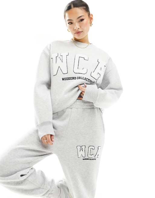 ASOS Weekend Collective sweatpants and sweatshirt with varsity logo in gray  heather