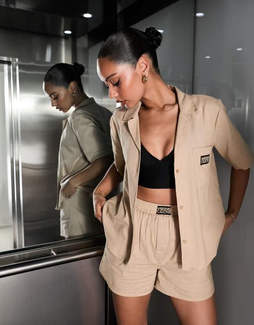 ASOS Weekend Collective – Szarobeżowa koszula oversize z imitacji lnu z kołnierzykiem kubańskim, część zestawu