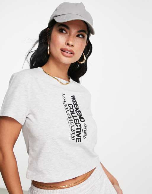 ASOS Weekend Collective - T-shirt color ghiaccio mélange con stampa verticale in coordinato