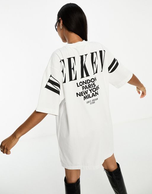 FhyzicsShops Weekend Collective T-shirt curved-hem dress in with stacked logo in cream