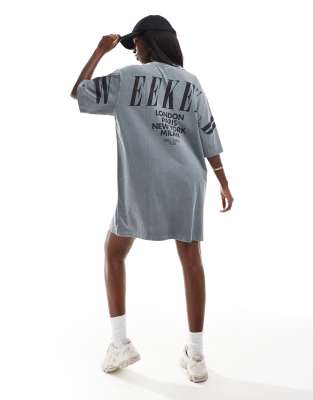 t-shirt dress with stacked logo in washed charcoal-Gray