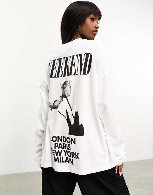 ASOS Weekend Collective - T-shirt met lange mouwen en fotografische rozenprint in wit