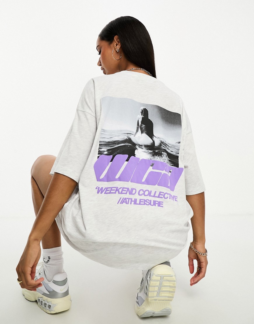 Asos Weekend Collective T-shirt With Surfer Girl Photographic Print In Ice Heather-gray