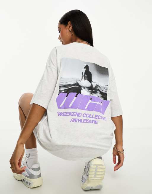 ASOS Weekend Collective T-shirt with surfer girl photographic print in ice marl