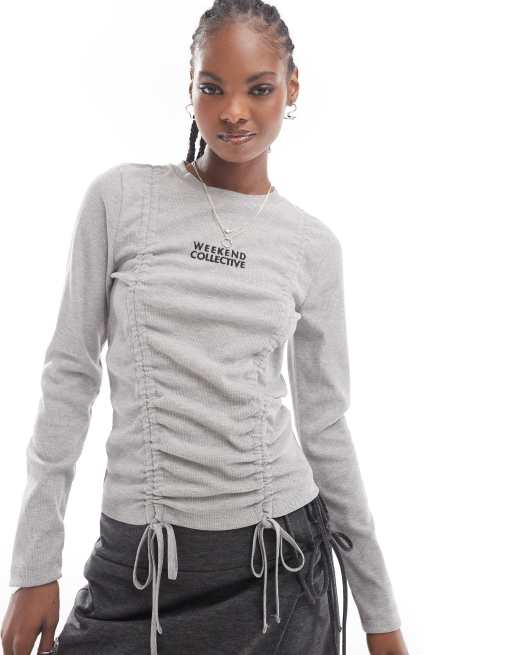 ASOS - Weekend Collective - Top froncé à manches longues - Gris chiné