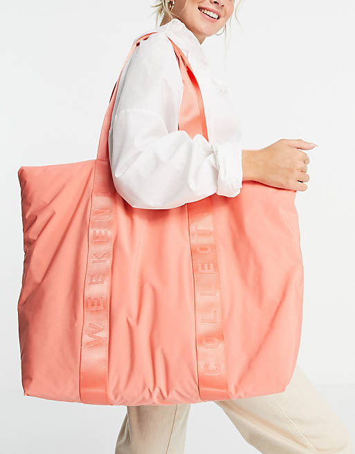 ASOS Weekend Collective tote bag in coral nylon with webbing straps