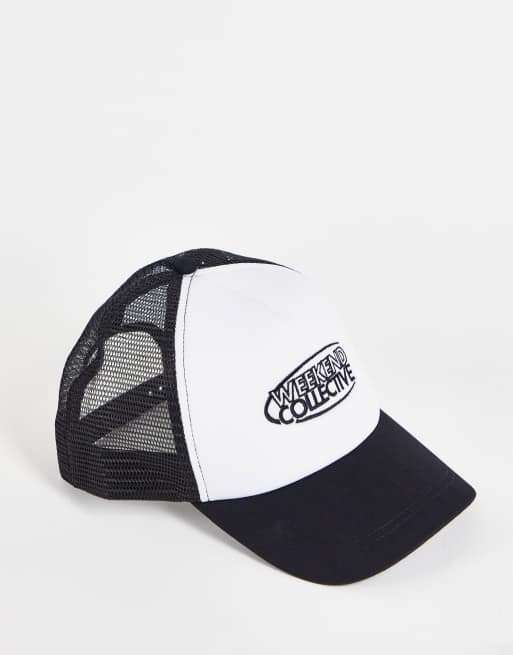 ASOS Weekend Collective trucker cap in black and white