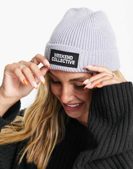 ASOS Weekend Collective turn up rib beanie with logo in ice grey