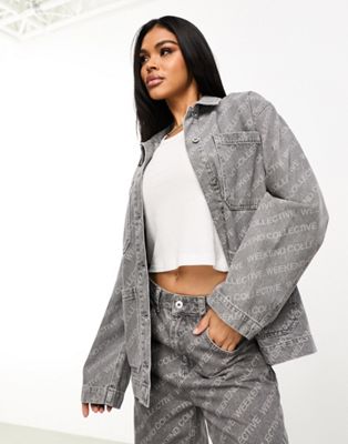 ASOS Weekend Collective co-ord oversized laser print denim jacket in washed grey - ASOS Price Checker