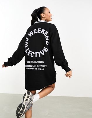 ASOS Weekend Collective collared half zip dress with round logo in black - ASOS Price Checker