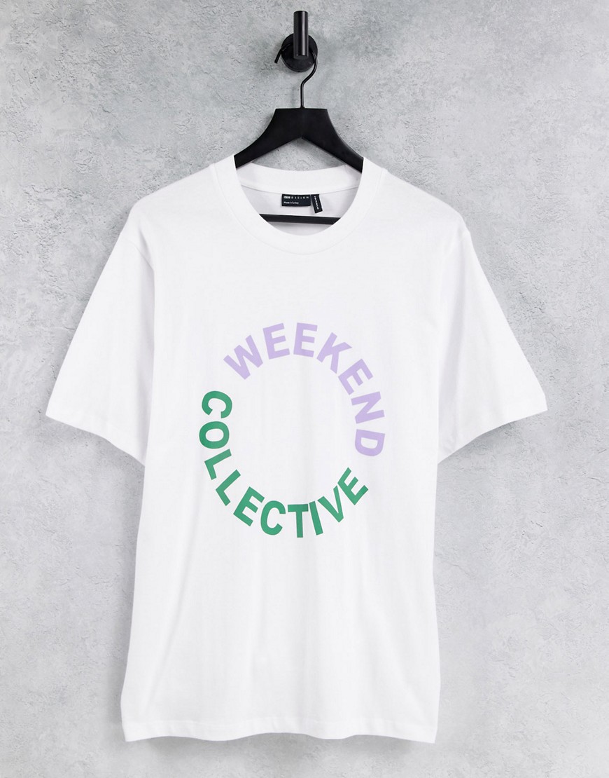 ASOS Weekend Collective – Vit t-shirtklänning i oversize med färgad logga-Vit/a