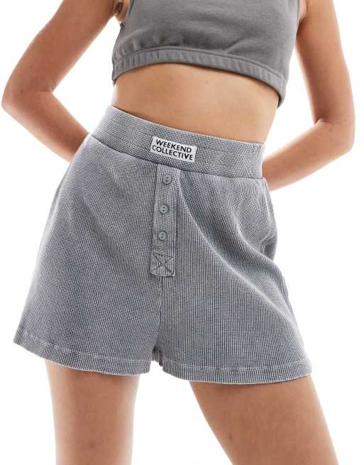 ASOS Weekend Collective waffle knit boxer shorts in acid wash gray