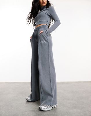 Asos Weekend Collective Waffle Wide Leg Sweatpants With Logo In Acid Washed Gray - Part Of A Set