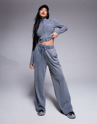 Asos Weekend Collective Waffle Wide Leg Sweatpants With Logo In Acid Washed Gray - Part Of A Set