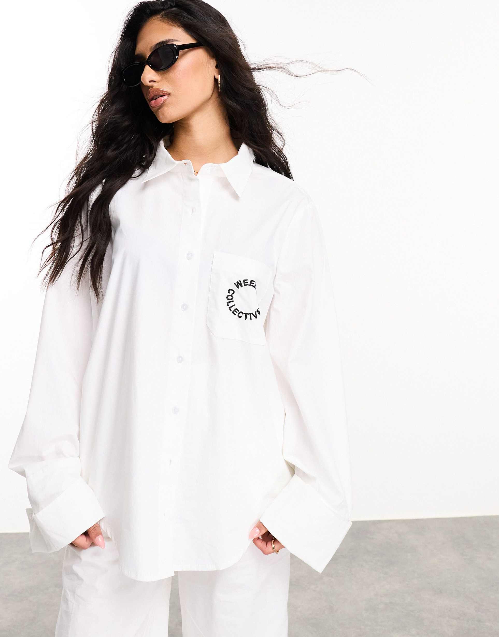asos weekend collective wide cuff shirt in white