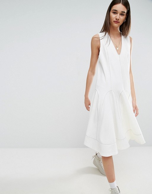 ASOS White | ASOS WHITE A-Line Midi Dress With Contrast Stitch V-Neck