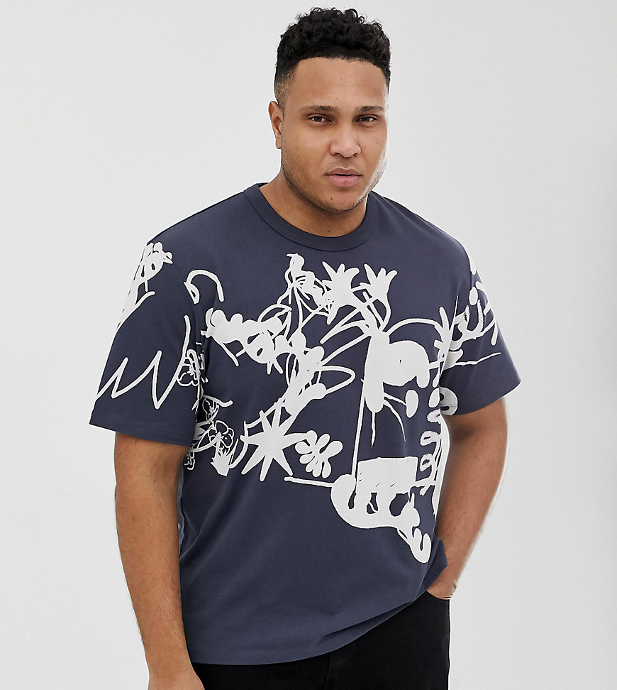 ASOS WHITE – Abstrakt mönstrad t-shirt i plusstorlek med tungt material i loose fit-Marinblå