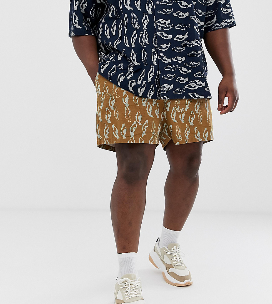 ASOS WHITE – Abstrakt mönstrade shorts i plusstorlek med vid passform i tung, kräppad bomull, del av set-Brun