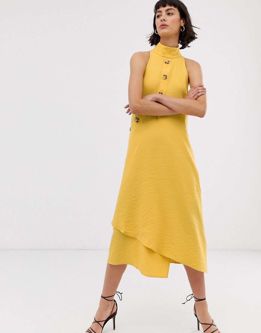 ASOS WHITE asymmetric button through sleeveless midi dress-Yellow