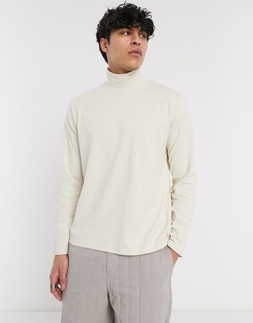 ASOS WHITE – Beige t-shirt i loose fit med lång ärm och halvpolokrage