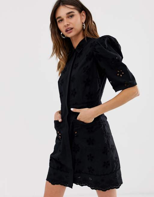 asos edition broderie shirt dress in black