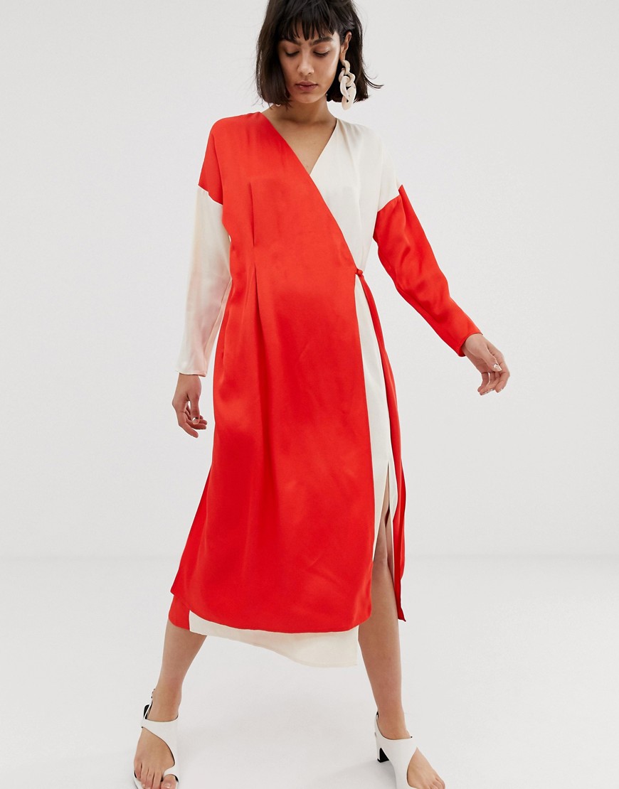 ASOS WHITE – Blockfärgad omlottklänning i satin-Flerfärgad