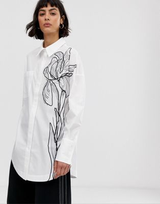 ASOS WHITE – Blommig skjorta i ritat mönster-Vit
