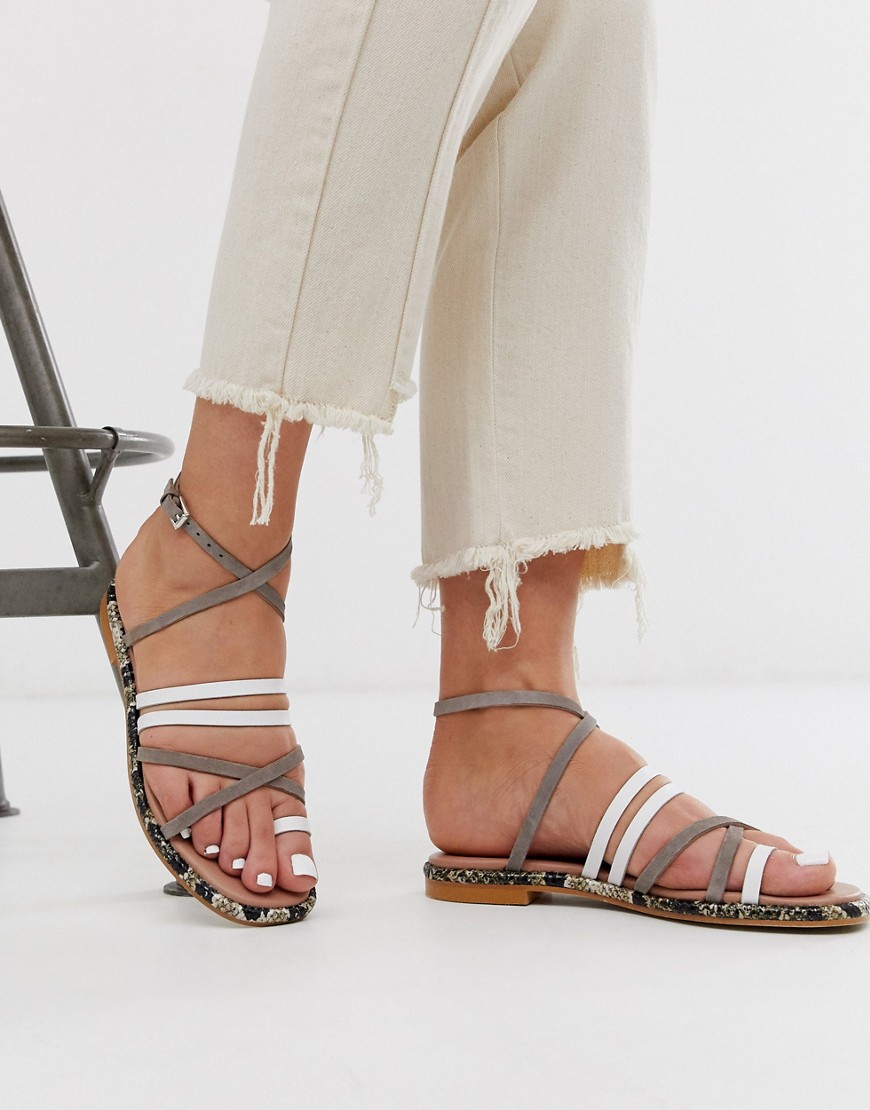 ASOS WHITE Buttercup leather strappy flat sandals in white and grey-Multi