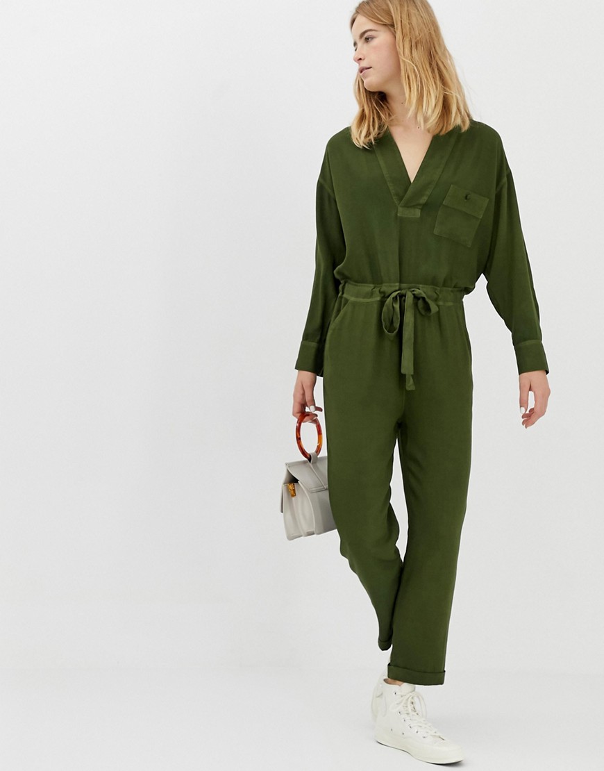ASOS WHITE casual wash v-neck jumpsuit-Green