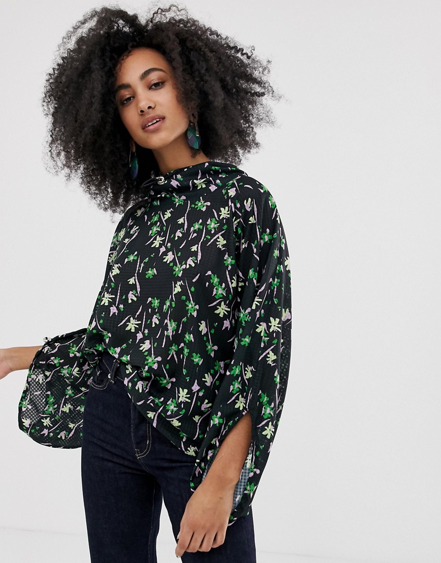 ASOS WHITE check and floral funnel neck top-Multi