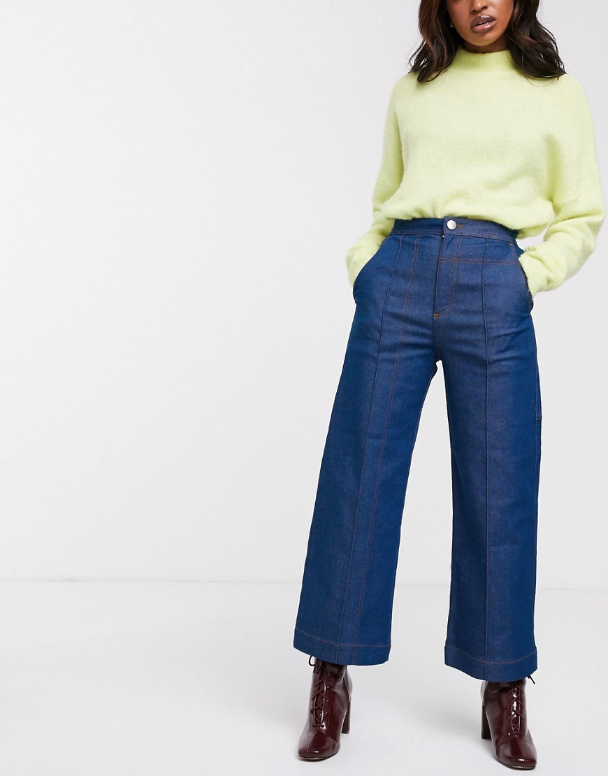 ASOS WHITE - Cropped jeans in jaren 70 blauw met contrasterend stiksel
