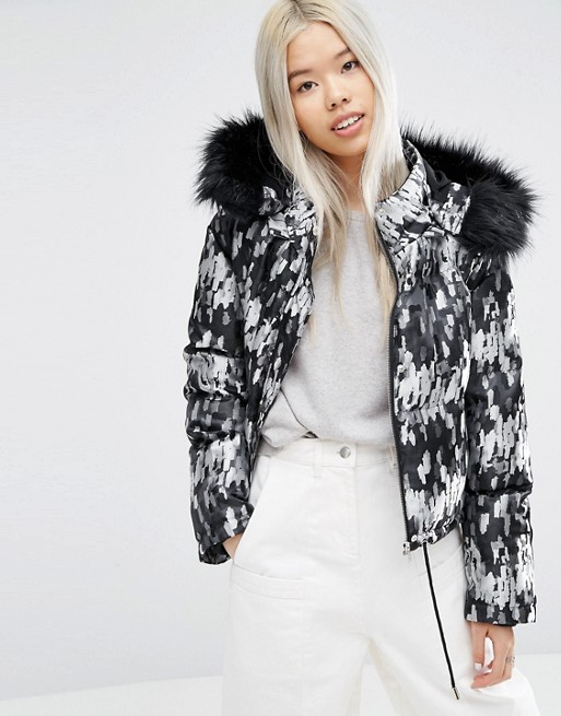 ASOS White | ASOS WHITE Cropped Padded Jacket With Fur Hood
