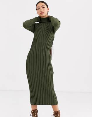 ribbed high neck midi dress