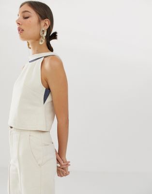 ASOS WHITE  Top z denimu od zestawu z wyci?ciem na plecach-Bia?y Kremowy