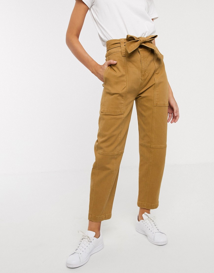 ASOS WHITE double button tie waist carrot leg trouser-Brown